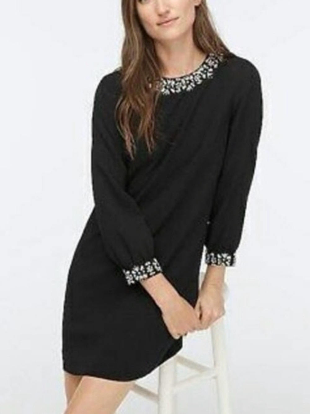 J.Crew Embellished Crepe Shift Dress Black Floral Jeweled Neckline Size 10